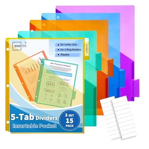 Binditek 5-Tab Binder Dividers with One Front Pocket, Fits Standard 3-Ring Binder, Large Pocket, Insertable Tabs for Quick Organization, Multicolor, 3 Sets (15 Pack) - Image 1