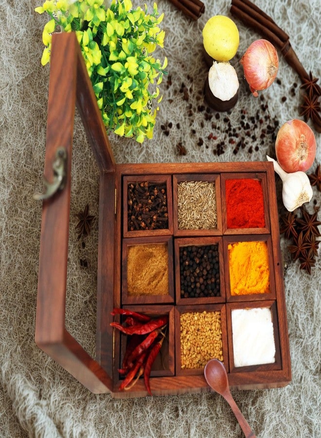 Freakway Wooden Spice Box Set For Kitchen With Container & Spoon In Sheesham Wood (9 Containers, Removable) -50 ML - Image 1