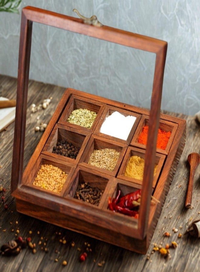 Freakway Wooden Spice Box Set For Kitchen With Container & Spoon In Sheesham Wood (9 Containers, Removable) -50 ML - Image 2
