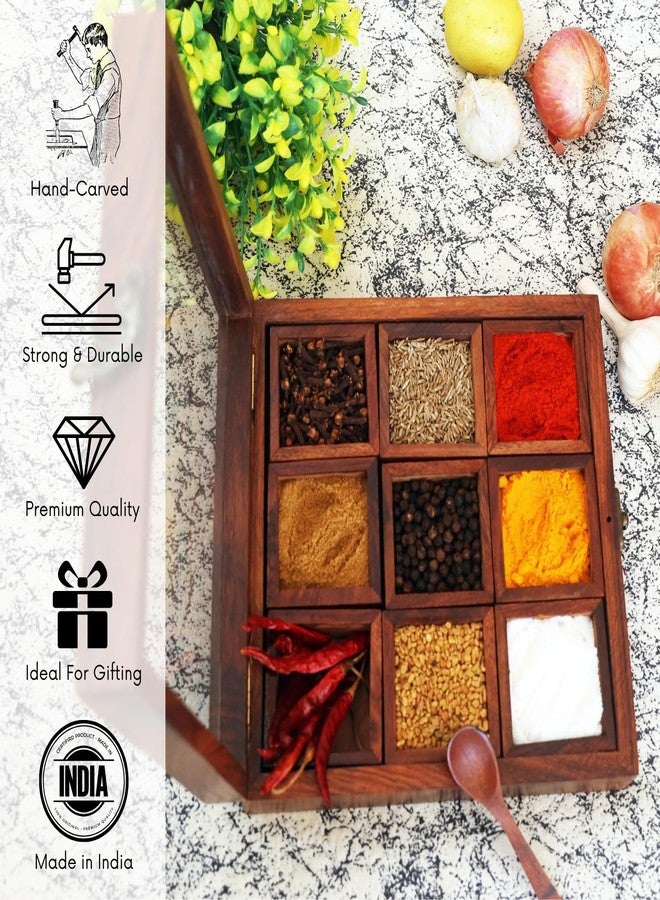 Freakway Wooden Spice Box Set For Kitchen With Container & Spoon In Sheesham Wood (9 Containers, Removable) -50 ML - Image 4