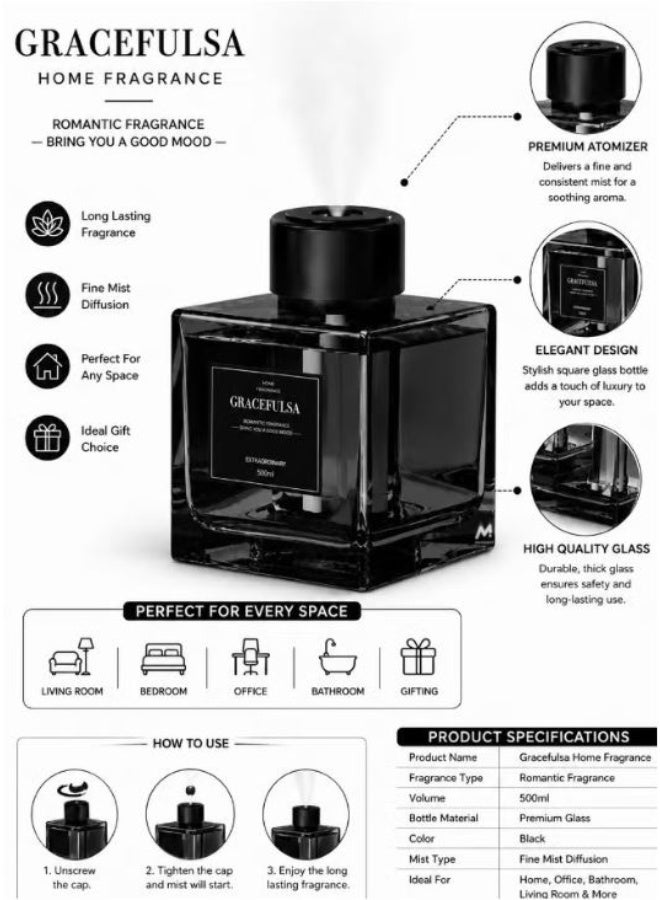 RYN GRACEFULSA 500ml Glass Aroma Diffuser for Home, Office, Bedroom, Living Room, Black - Image 4