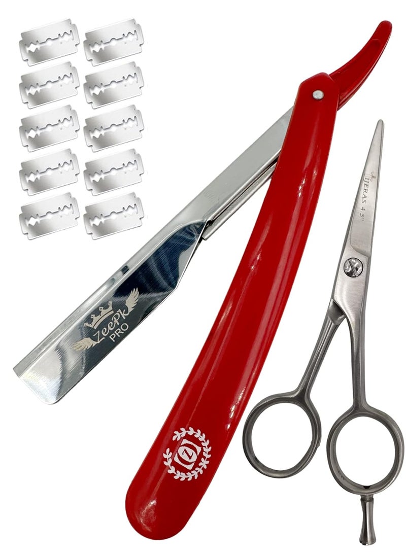 Liberty Supply - BARBER STRAIGHT RAZOR + 10 BLADES Beard Shaver RAPADA AFEITADO STAINLESS STEEL SALON Rasurar Cuchilla Ustra (Red Razor Holder) - Image 1