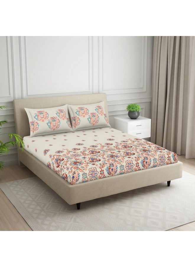 SPACES SPACES 100% Cotton Double Fitted Bedsheet with 2 Pillow Covers (Size 72 X 78 Inches) | 144 TC Fitted Sheet for Double Bed | Breathable Pure Cotton King Size Bedsheet | SS24 | Floral Design Dark Brown  - Image 2