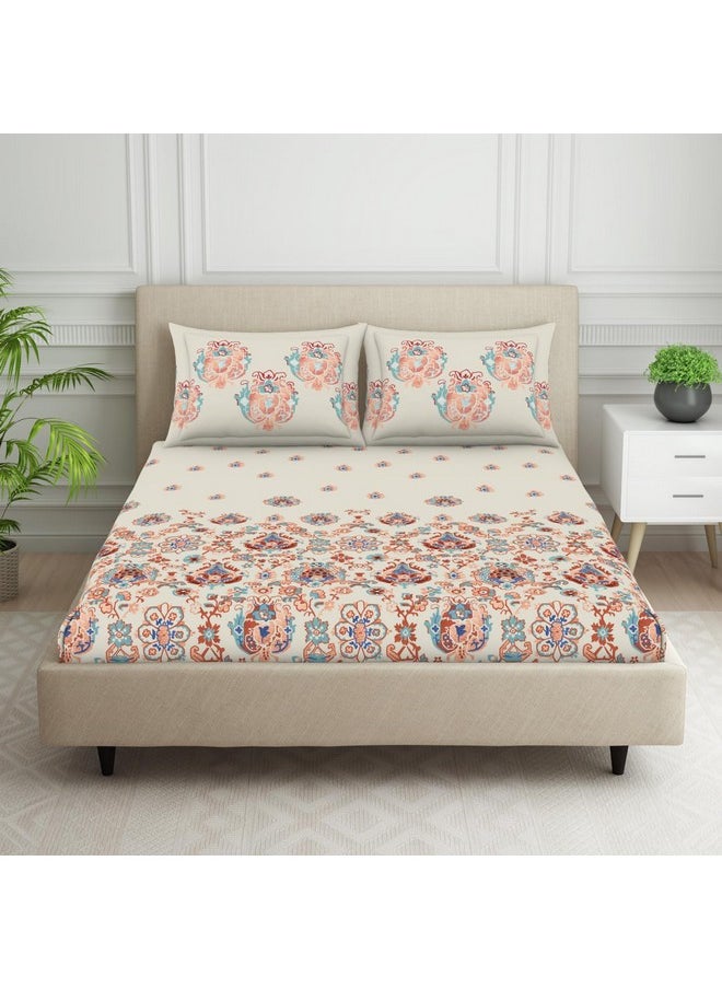 SPACES SPACES 100% Cotton Double Fitted Bedsheet with 2 Pillow Covers (Size 72 X 78 Inches) | 144 TC Fitted Sheet for Double Bed | Breathable Pure Cotton King Size Bedsheet | SS24 | Floral Design Dark Brown  - Image 1