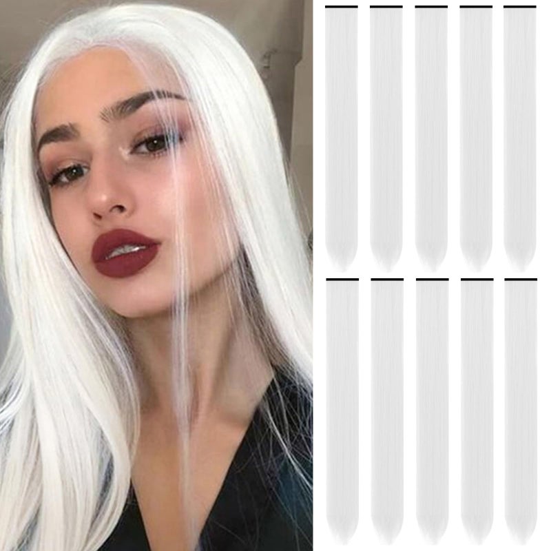 TOFAFA 22 inch Colored Hair Extensions, Multi-colors Party Highlights Clip in Long Synthetic Hair Extensions for Girls Women Kids Christmas Cosplay Party Gift(10 PCS White) - Image 1