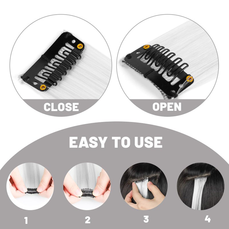 TOFAFA 22 inch Colored Hair Extensions, Multi-colors Party Highlights Clip in Long Synthetic Hair Extensions for Girls Women Kids Christmas Cosplay Party Gift(10 PCS White) - Image 3