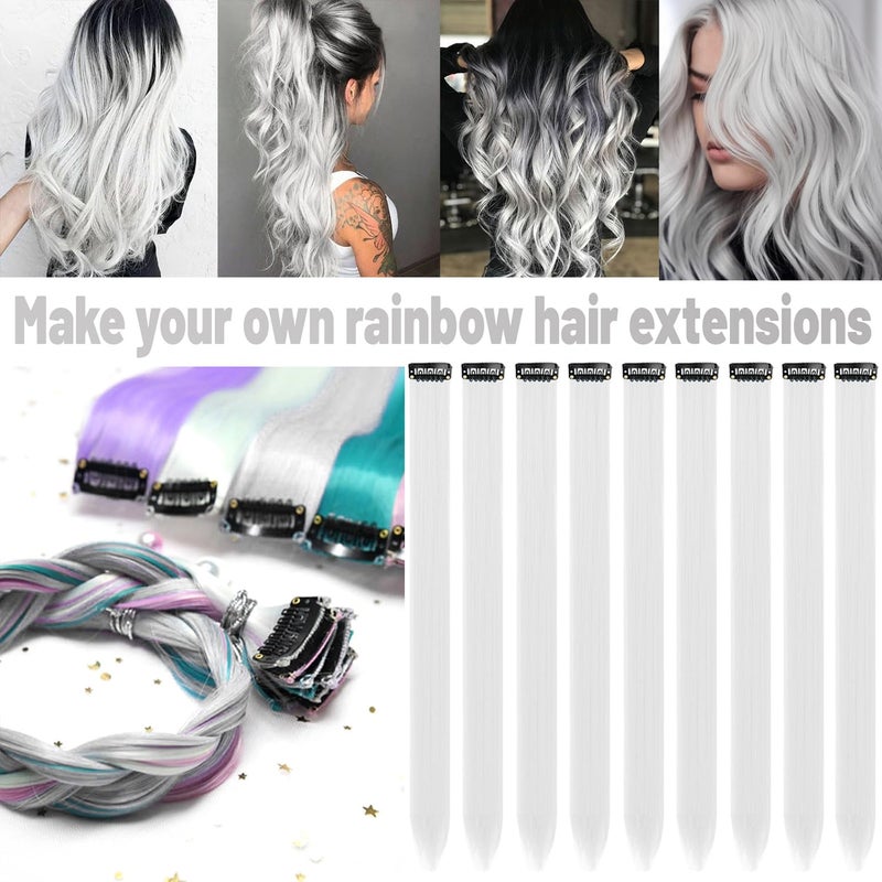 TOFAFA 22 inch Colored Hair Extensions, Multi-colors Party Highlights Clip in Long Synthetic Hair Extensions for Girls Women Kids Christmas Cosplay Party Gift(10 PCS White) - Image 2