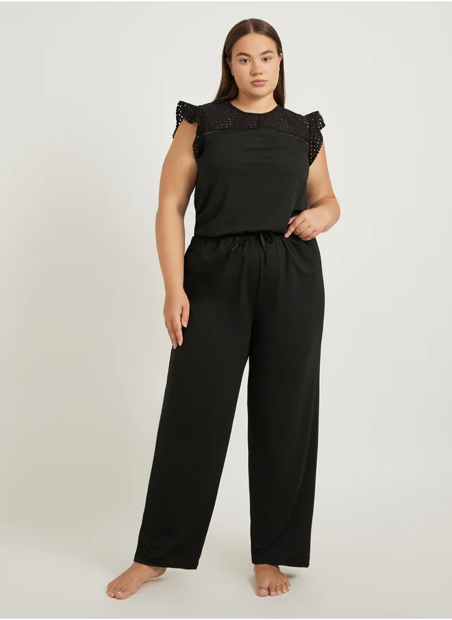ستايلي Plus Size Schiffli Yoke Flat Pompom Detail Top and Pyjama Set