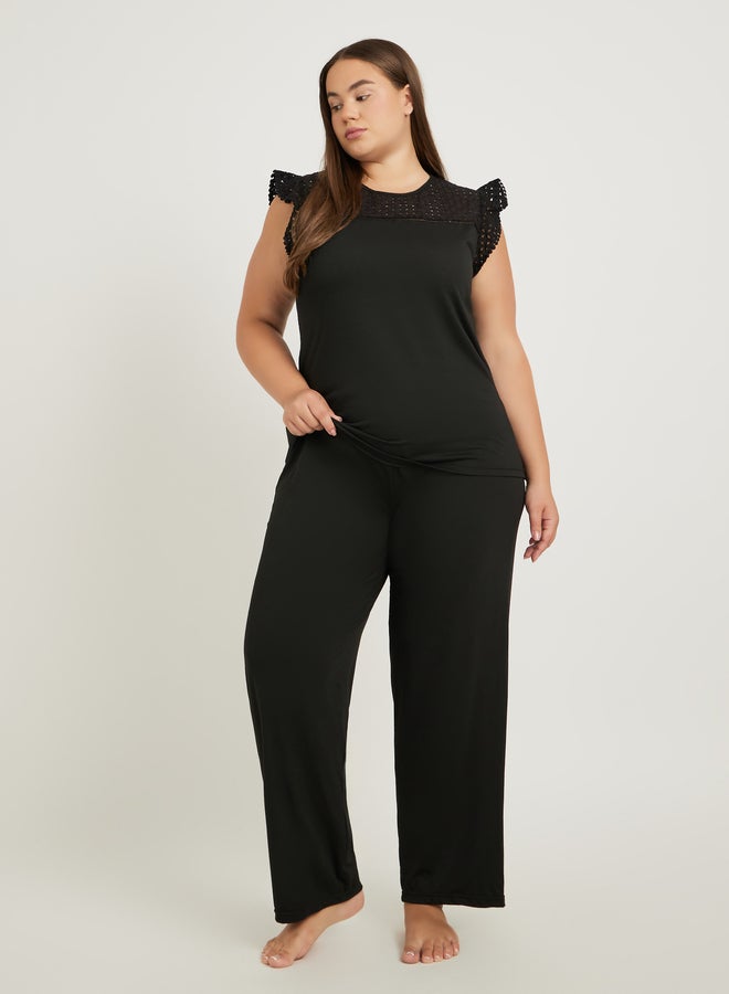 Styli Plus Size Schiffli Yoke Flat Pompom Detail Top and Pyjama Set - Image 1