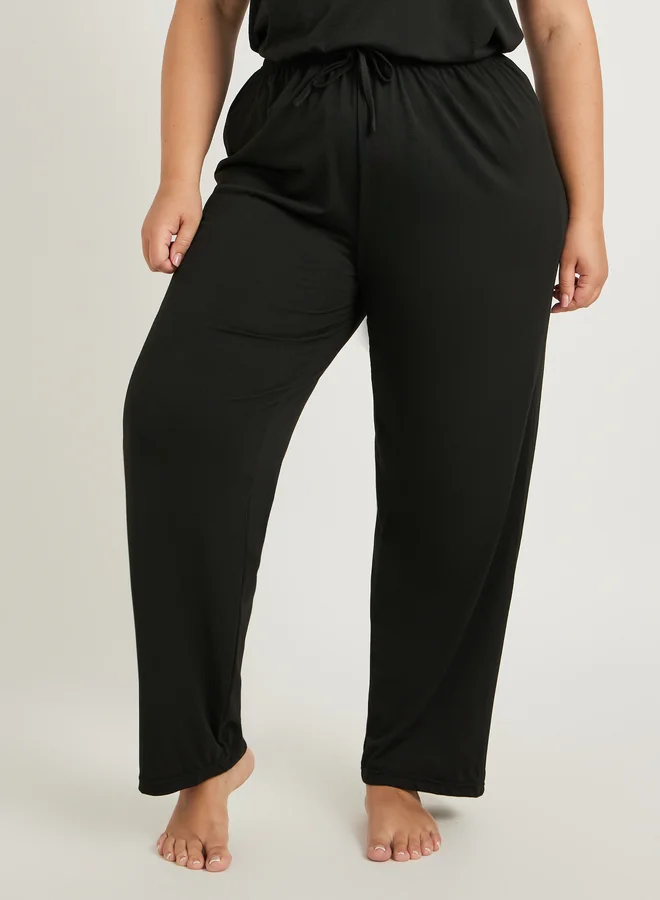 Styli Plus Size Schiffli Yoke Flat Pompom Detail Top and Pyjama Set