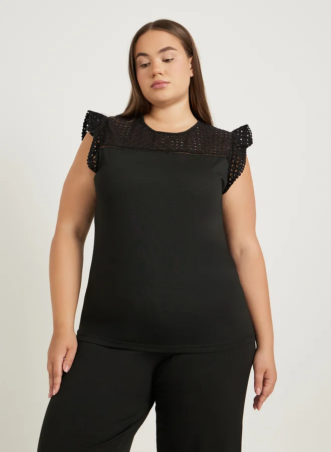 Styli Plus Size Schiffli Yoke Flat Pompom Detail Top and Pyjama Set