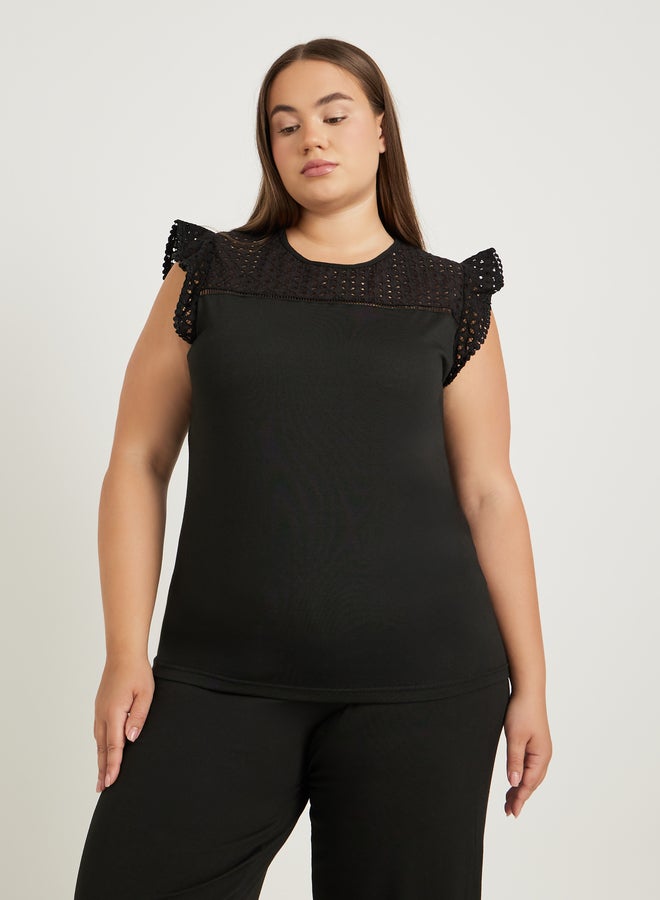 Styli Plus Size Schiffli Yoke Flat Pompom Detail Top and Pyjama Set - Image 3