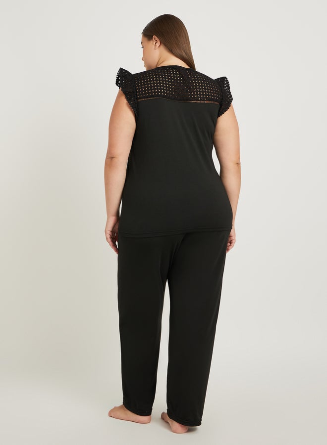 Styli Plus Size Schiffli Yoke Flat Pompom Detail Top and Pyjama Set - Image 5