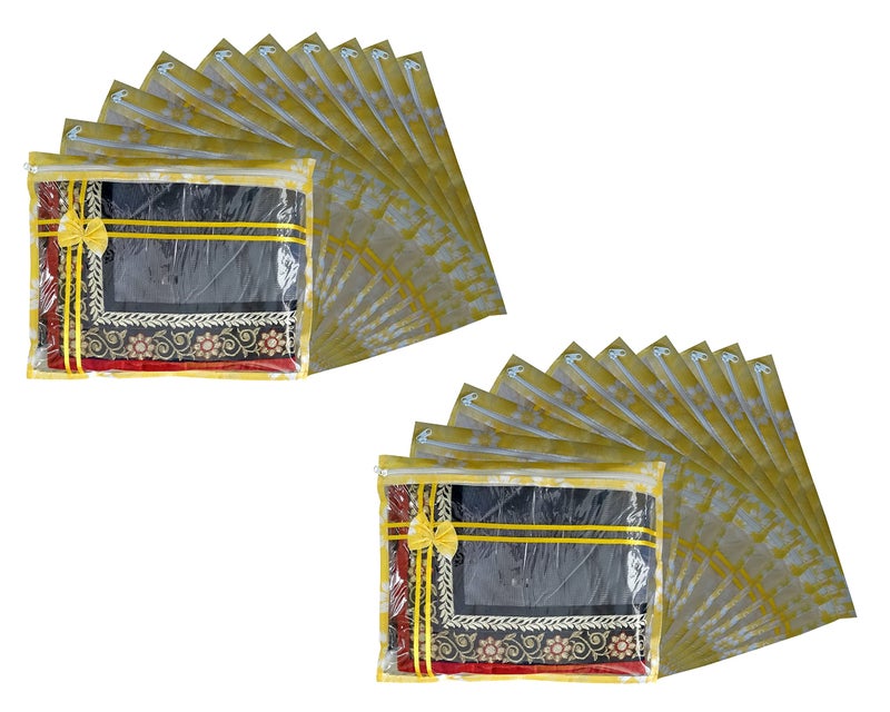 DIKHAWA Set of 20 Pcs Flower Design Non Woven Single Saree Cover Packing Bag with Zip Combo (Yellow) - Image 1