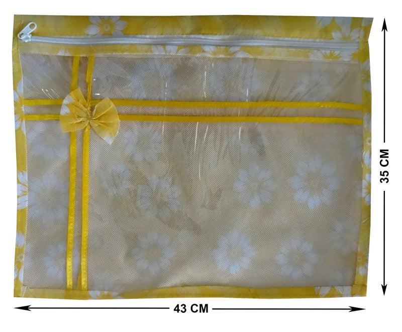 DIKHAWA Set of 20 Pcs Flower Design Non Woven Single Saree Cover Packing Bag with Zip Combo (Yellow) - Image 3