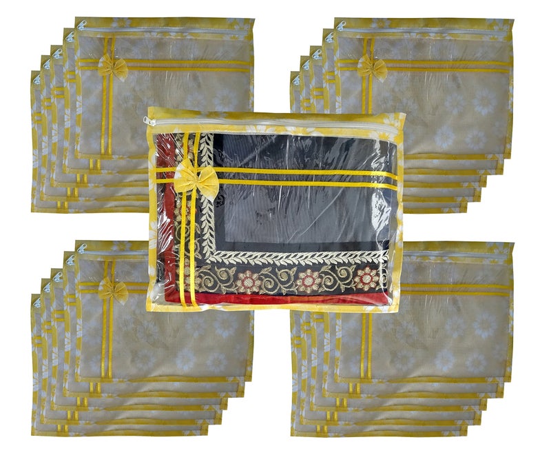 DIKHAWA Set of 20 Pcs Flower Design Non Woven Single Saree Cover Packing Bag with Zip Combo (Yellow) - Image 2