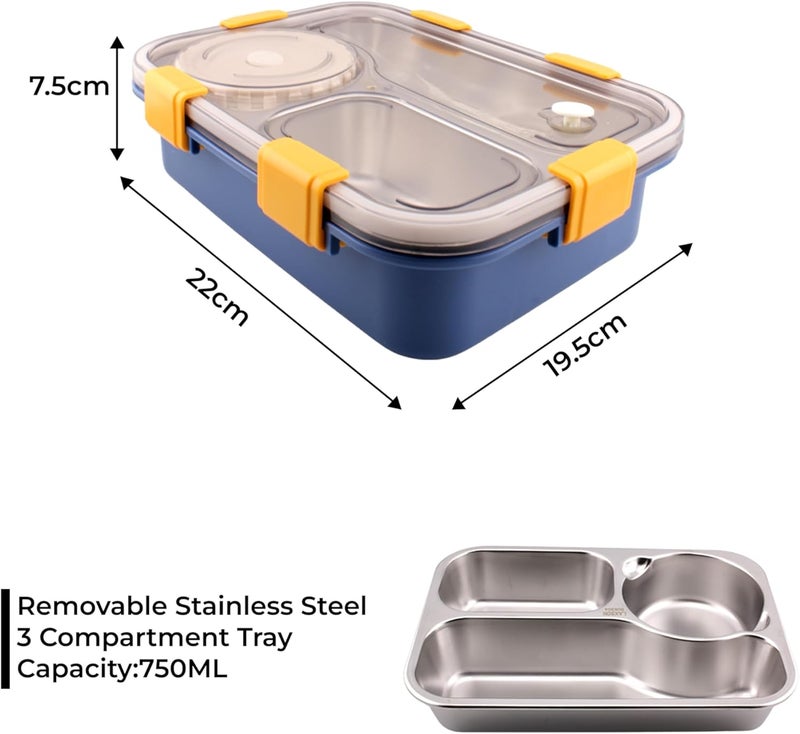 BrainGiggles Stainless Steel Bento Lunch Box with Soup Bowl | 3-Compartments Tiffin Box for Adults Kids| Leak Proof Lunchbox | Multifunctional Airtight Food Storage Containers (Blue) - Image 5
