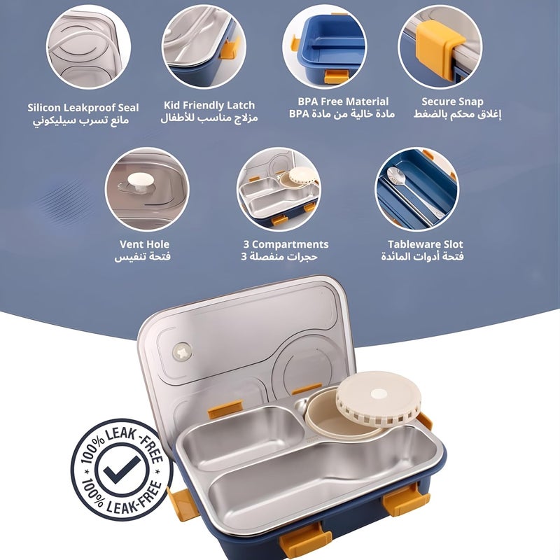 BrainGiggles Stainless Steel Bento Lunch Box with Soup Bowl | 3-Compartments Tiffin Box for Adults Kids| Leak Proof Lunchbox | Multifunctional Airtight Food Storage Containers (Blue) - Image 2