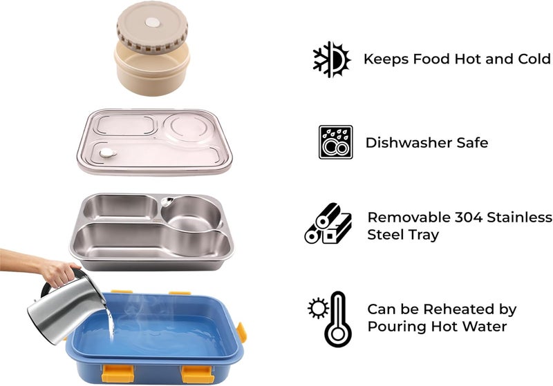 BrainGiggles Stainless Steel Bento Lunch Box with Soup Bowl | 3-Compartments Tiffin Box for Adults Kids| Leak Proof Lunchbox | Multifunctional Airtight Food Storage Containers (Blue) - Image 3