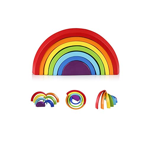 Coogam Wooden Rainbow Stacker Nesting Puzzle Blocks  Tunnel Stacking Game Building Creative Color Shape Matching Jigsaw Learning Toy Set Board Early Development for Kids Boy Girl - Image 1