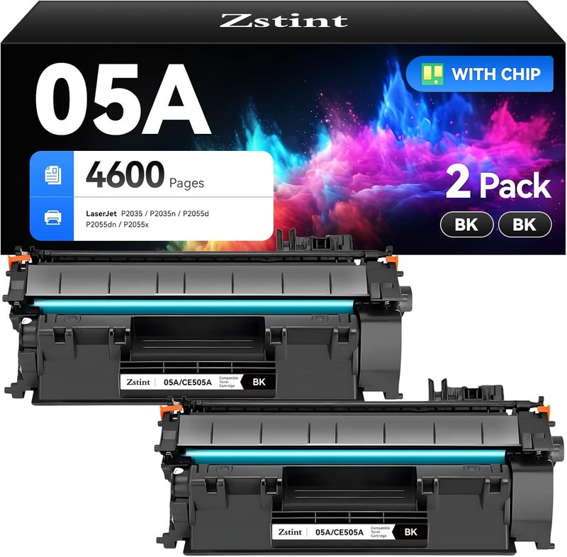 Zstint 05A Black Toner Cartridge 2-Pack with Chip High Yield Replacement for HP 05A CE505A Cartridges Compatible with HP LaserJet P2035 P2035n P2055d P2055dn P2055x P2030 P2050 Series Printer Ink All-in-One - Image 1