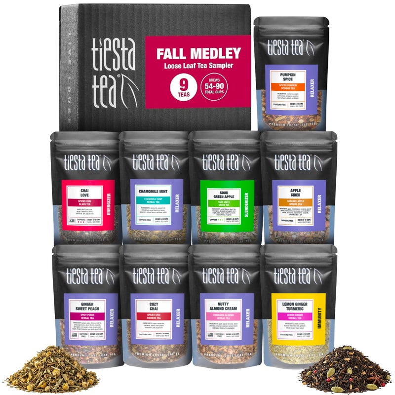 Tiesta Tea Fall Medley Dry Flight Set Sampler Set - Loose Leaf Tea, No Caffeine, Perfect Hot or Iced, Assorted Brew Set With Herbal, Black, Chai, Fruit Blends, & More - 9 Resealable Pouches - Image 1