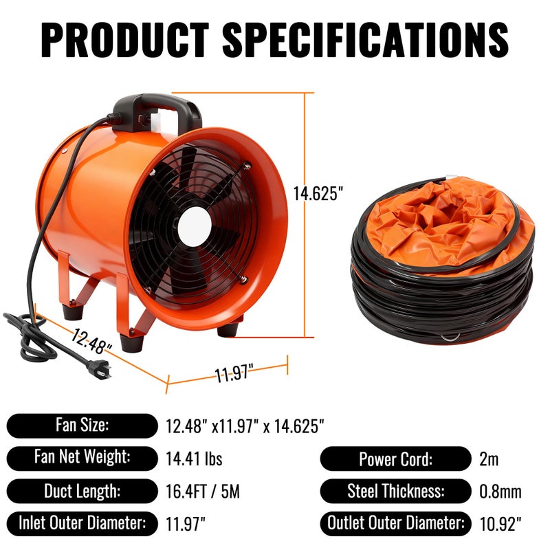 dreamdragon Upgraded 10-Inch Utility Blower Fanï¼ŒPortable Industrial Exhaust Fan with 16.4ft Flexible Duct Hoseï¼Œ3300 RPM Low-Noise Ventilator for Workshops Warehouses and Basements - Image 2
