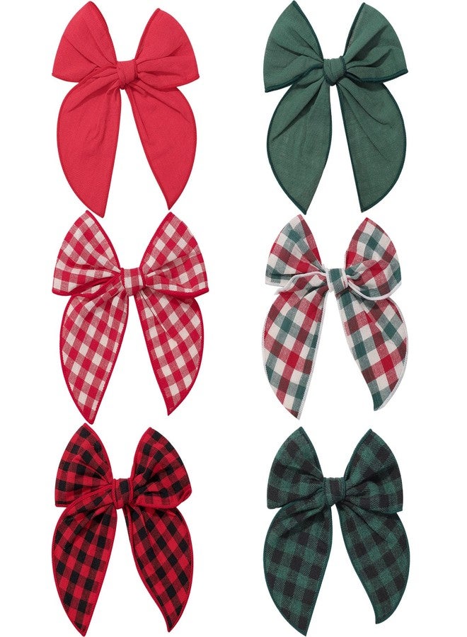 INSEEK Large Christmas Hair Bows for Girls Toddler, 6 Pieces Handmade Fabric Cotton Linen Red and Black Plaid Christmas Hair Bows with Hair Clips for Baby Teens Birthday School Party - Image 1