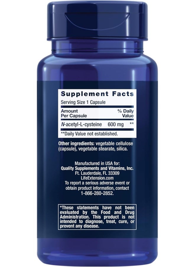 Life Extension لايف إكستينشن ن-أسيتيل-ل-سيستين 600 ملغ - 60 كبسولة لصحة المناعة والجهاز التنفسي والكبد - Image 2