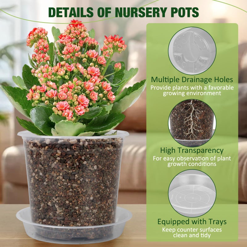 GUGEMEI 10/8/6/4 Inch Clear Nursery Pots with Drainage Holes and Saucers, 12 Pack Large Clear Pots for Plants Variety Pack, Plastic Nursery Pots for Succulents, Seedings, Herbs, Flowers, Vegetables - Image 3