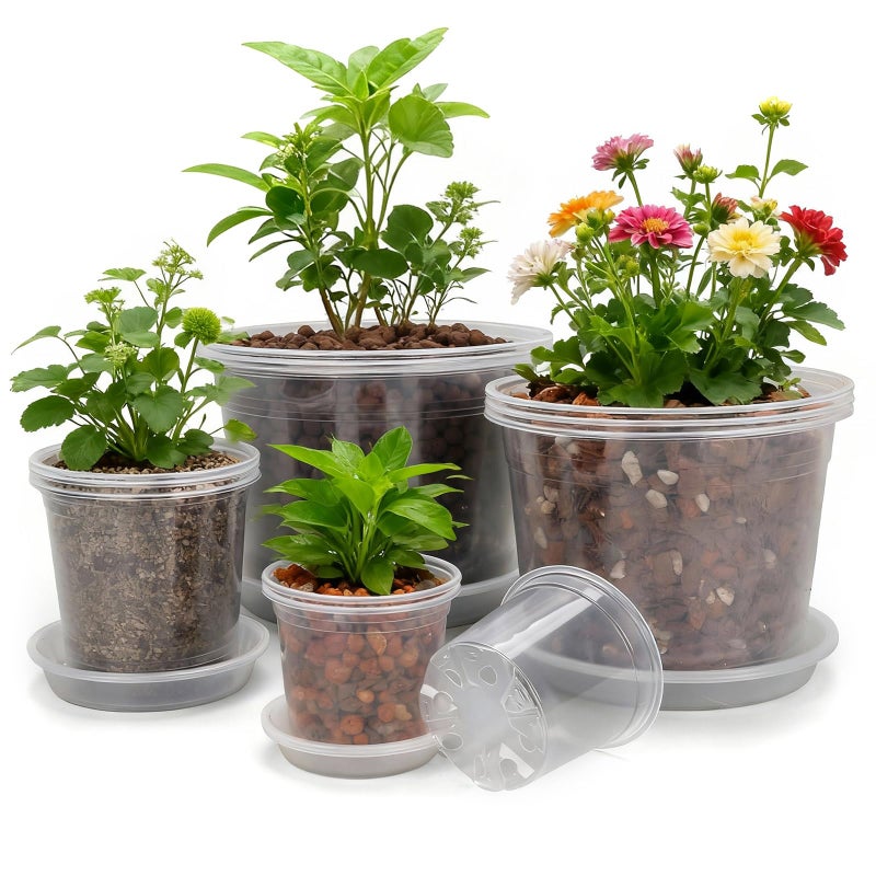 GUGEMEI 10/8/6/4 Inch Clear Nursery Pots with Drainage Holes and Saucers, 12 Pack Large Clear Pots for Plants Variety Pack, Plastic Nursery Pots for Succulents, Seedings, Herbs, Flowers, Vegetables - Image 1