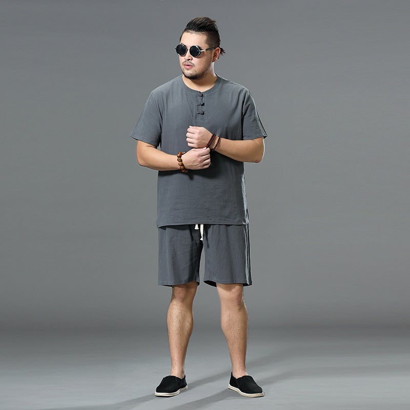 New retro plate buckle two summer Chinese style linen short-sleeved men's Buddha cotton and linen t-shirt v-neck trend set black 3X - Image 4