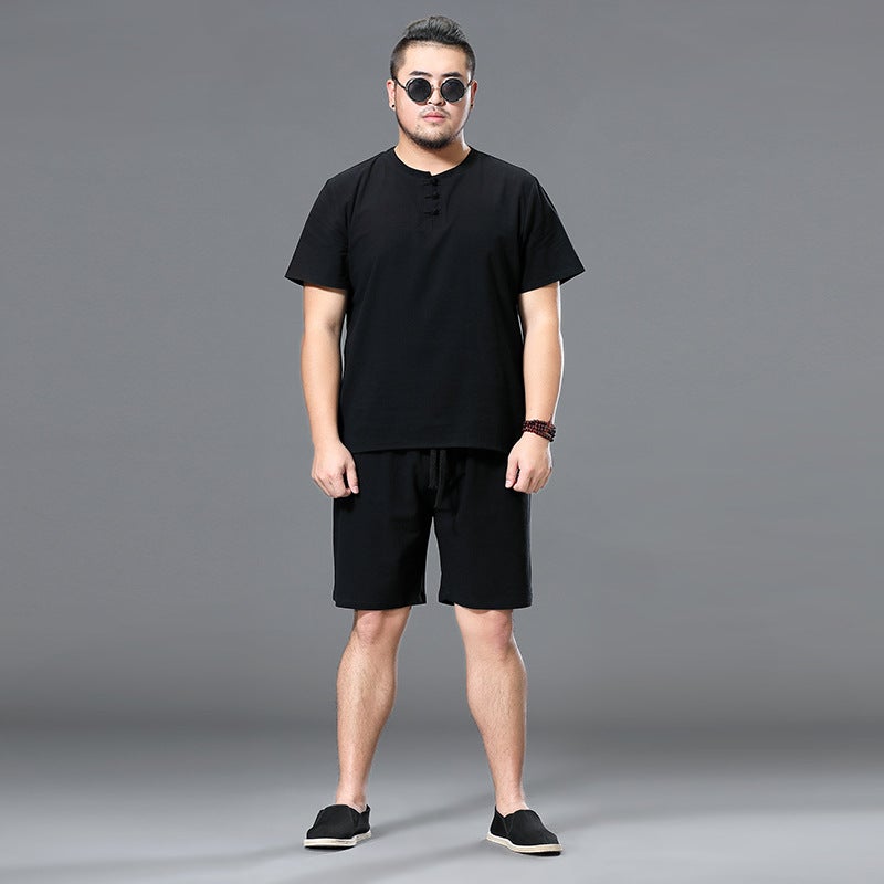 New retro plate buckle two summer Chinese style linen short-sleeved men's Buddha cotton and linen t-shirt v-neck trend set black 3X - Image 1