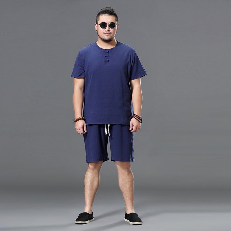 New retro plate buckle two summer Chinese style linen short-sleeved men's Buddha cotton and linen t-shirt v-neck trend set black 3X - Image 3