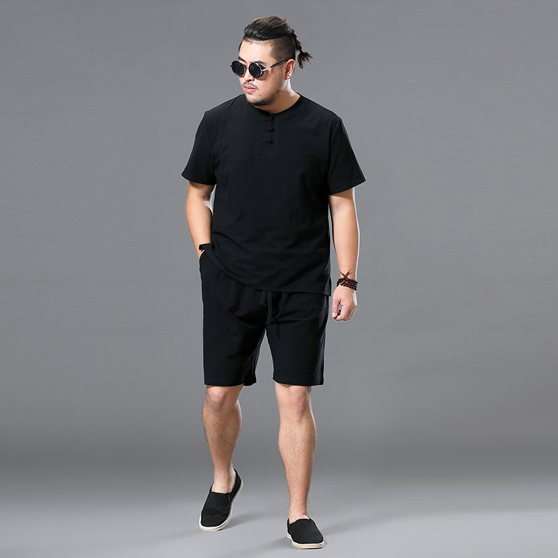 New retro plate buckle two summer Chinese style linen short-sleeved men's Buddha cotton and linen t-shirt v-neck trend set black 3X - Image 2