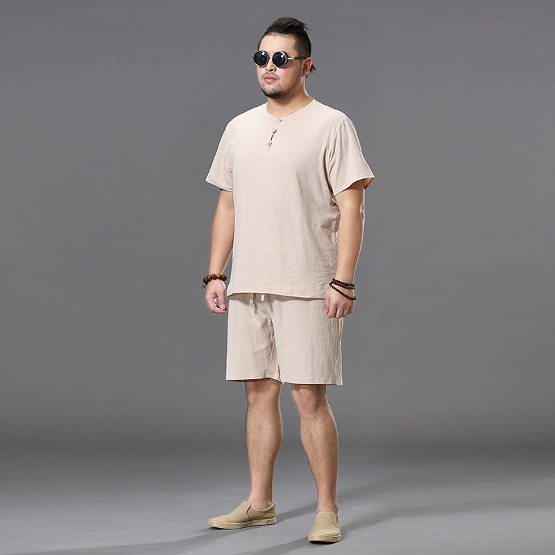 New retro plate buckle two summer Chinese style linen short-sleeved men's Buddha cotton and linen t-shirt v-neck trend set black 3X - Image 5
