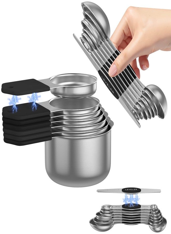 Abtrino Magnetic Measuring Cups and Spoons Set - 304 Stainless Steel | Dual-sided Design | Set of 15 with Leveler | Strong N52 Magnetic Nesting Design | for Dry & Liquid Ingredients (Black) - Image 1