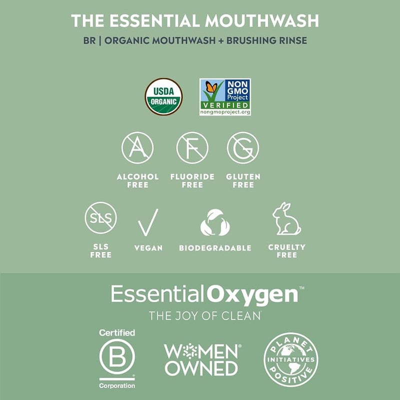 Essential Oxygen Certified BR Organic Brushing Rinse, All Natural Mouthwash for Whiter Teeth, Fresher Breath, and Happier Gums, Alcohol-Free Oral Care, Peppermint, 16 Ounce, Package may vary - Image 2