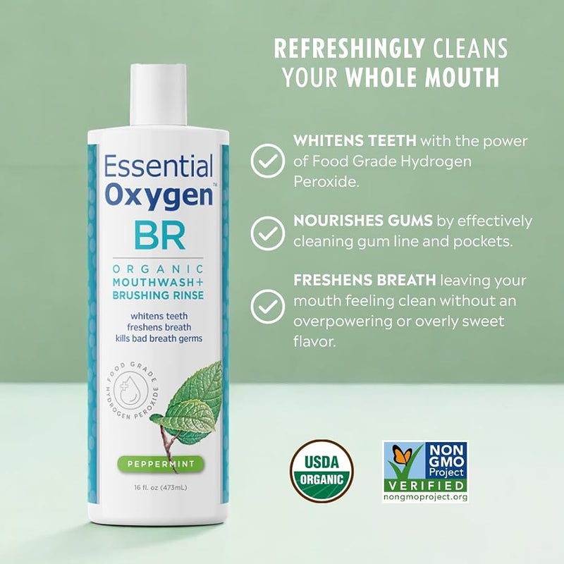 Essential Oxygen Certified BR Organic Brushing Rinse, All Natural Mouthwash for Whiter Teeth, Fresher Breath, and Happier Gums, Alcohol-Free Oral Care, Peppermint, 16 Ounce, Package may vary - Image 1