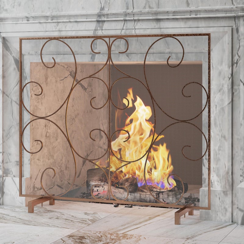 Kingson Single Panel Decorative Flat Fireplace Screen Stand Alone Cover Handcrafted Durable Metal Mesh Heatresistant Free Standing Firepalce Spark Guard Mesh 378L x 88W x 307H Antique Bronze