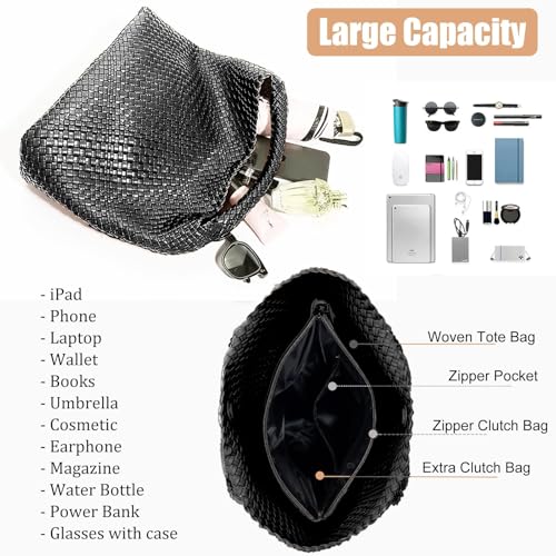 Geelyda 2025 Woven Leather Tote Bag with Purse, Extra Large Capacity Vegan Leather Tote Bag Women Weekender Bag Shopper Handbag Travel Shoulder Bag (Black) - Image 5