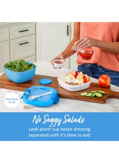 Bentgo Bentgo All-in-One Salad Container - Large Salad Bowl, Bento Box Tray, Leak-Proof Sauce Container, Airtight Lid, & Fork for Healthy Adult Lunches; BPA-Free & Dishwasher/Microwave Safe (Blue)  - Image 3