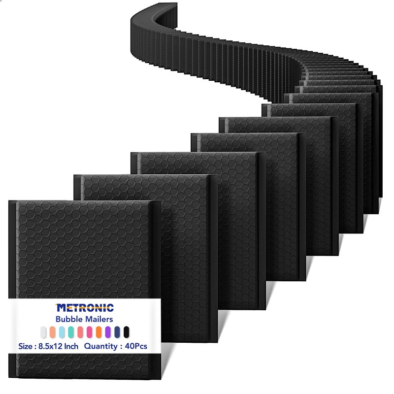 Metronic Bubble Mailers 8.5x12" 40 Pack Black Padded Envelopes Usable Size 8.5 x 11" Strong Adhesion Bubble Envelopes Medium Mailing Envelopes Bubble Padded for Small Business Shipping Books Clothes - Image 1