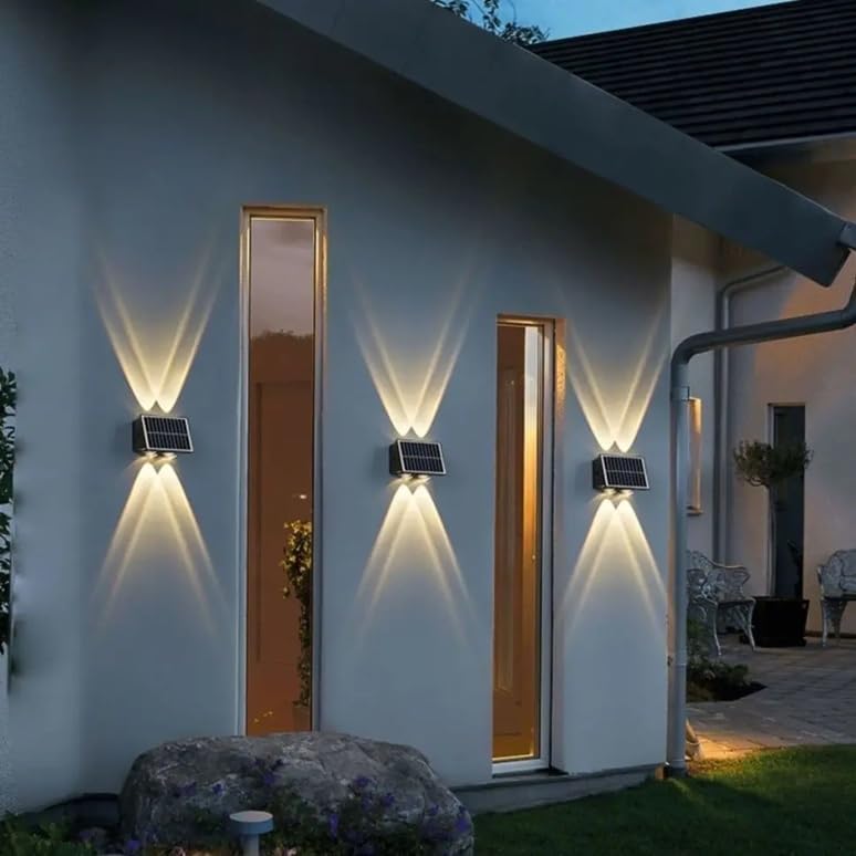 kh Solar Outdoor Wall Lights Up and Down 4 LED Outdoor Lamp Solar Wall Lights, IP65 Waterproof Patio Wall Light, Solar Exterior Lights for House Garage Garden (Warm White) (1 Pc) - Image 4
