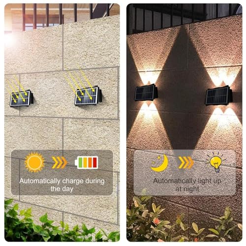 kh Solar Outdoor Wall Lights Up and Down 4 LED Outdoor Lamp Solar Wall Lights, IP65 Waterproof Patio Wall Light, Solar Exterior Lights for House Garage Garden (Warm White) (1 Pc) - Image 5