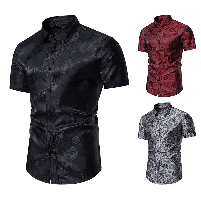 Men''s Short Sleeve Fashion Button Shirt Rose Print Casual Button Shirt Slim Fit Dress Shirt C36P40 - Image 4