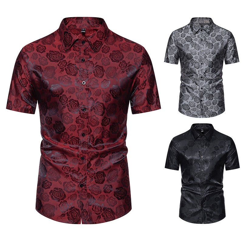 Men''s Short Sleeve Fashion Button Shirt Rose Print Casual Button Shirt Slim Fit Dress Shirt C36P40 - Image 5