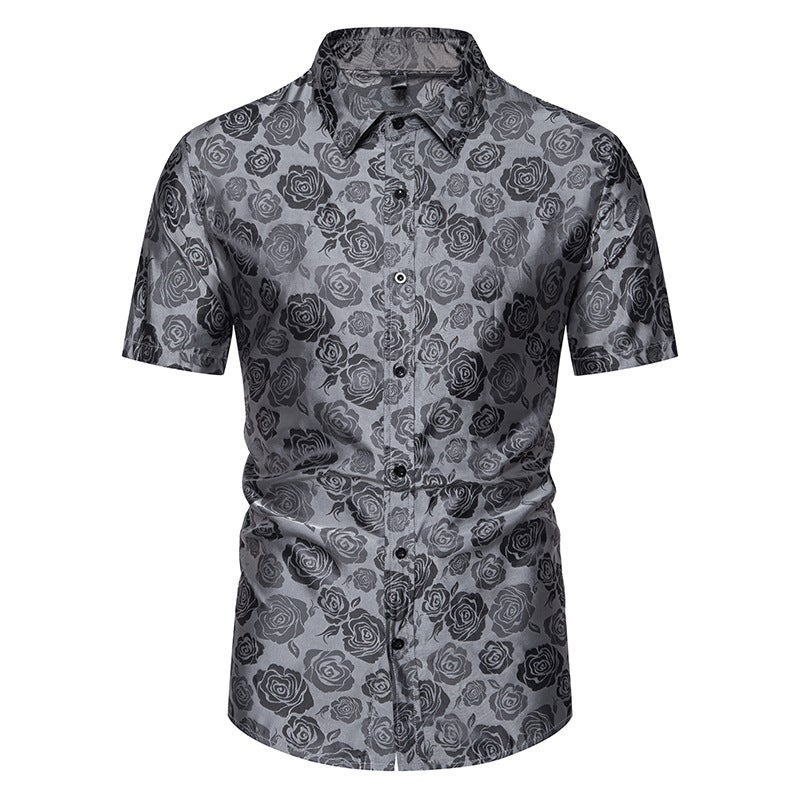 Men''s Short Sleeve Fashion Button Shirt Rose Print Casual Button Shirt Slim Fit Dress Shirt C36P40 - Image 1