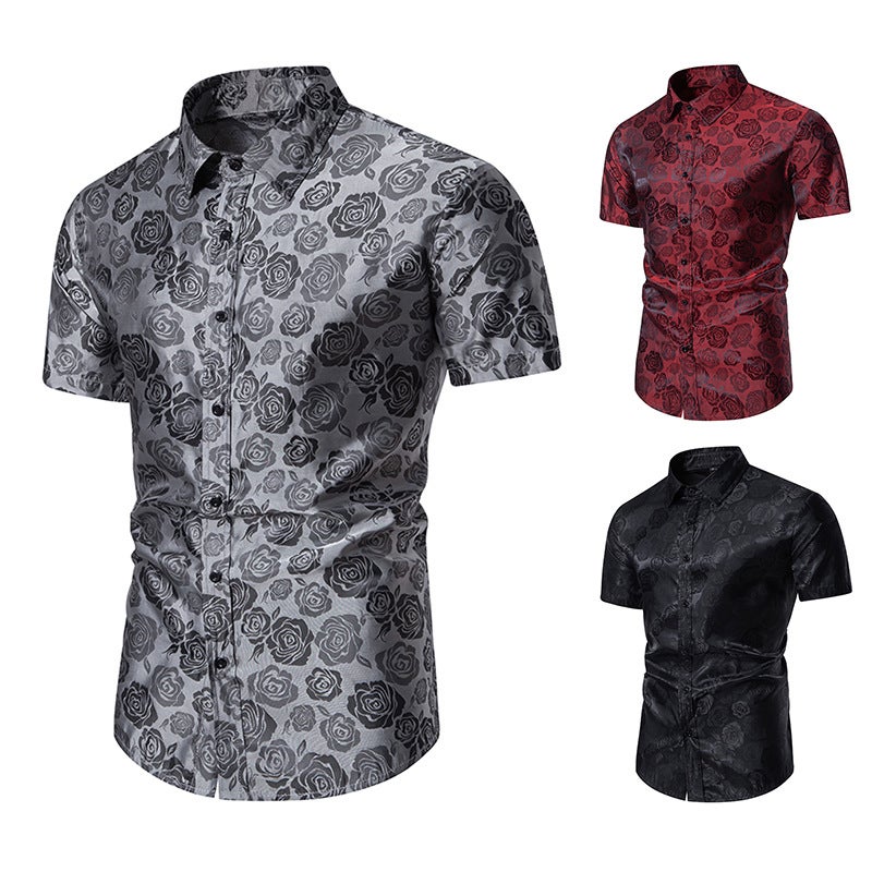 Men''s Short Sleeve Fashion Button Shirt Rose Print Casual Button Shirt Slim Fit Dress Shirt C36P40 - Image 3