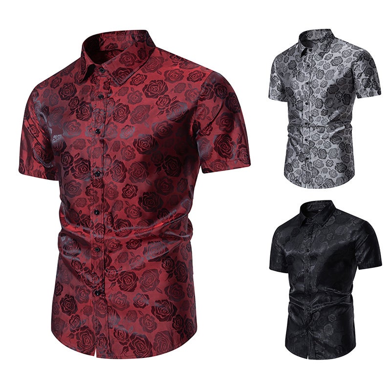 Men''s Short Sleeve Fashion Button Shirt Rose Print Casual Button Shirt Slim Fit Dress Shirt C36P40 - Image 2